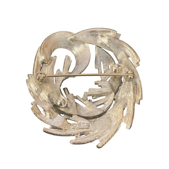 Vintage BSK Silver Tone Swirl Brooch Pin Textured Signed Round 2 inch MCM - Picture 5 of 7